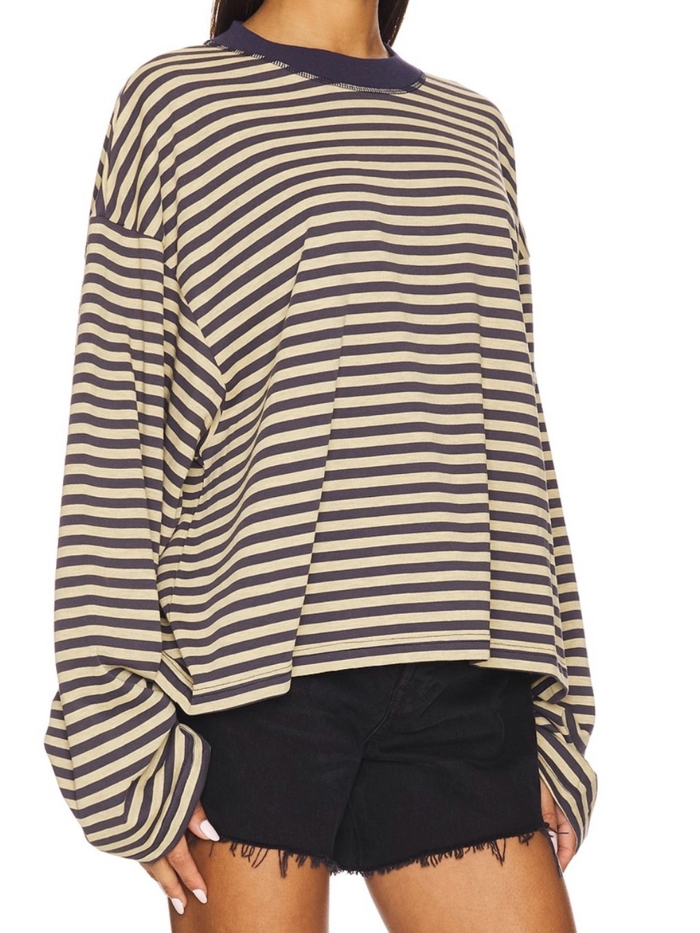 Lioness Striped Boxy Long Sleeve Tee in Cream & Navy